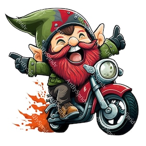 Happy Cartoon Biker Gnome PNG Clipart, Transparent Clip Art Kids Design,Printable Sublimation,Commercial use,Children/Adults Cute PNG Art
