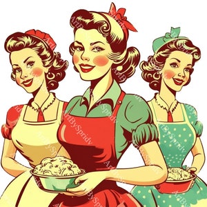 Vintage Hausfrau Trio Clipart - Transparentes PNG für Retro-Themen DIY Handwerk, digitale Clip Art, Einladungen, Küchendekoration, DTG T-Shirt, Tasse