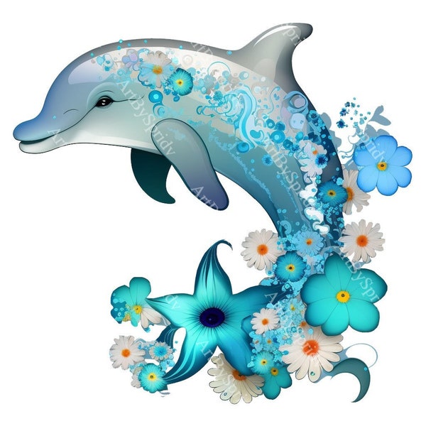 Cartoon Dolphin With Flower PNG Floral Transparent Clipart Kids Design,Printable Sublimation,Digital Download,Baby Shower,Scrapbook Art