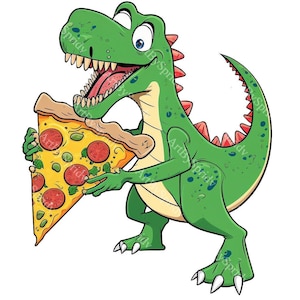 T-Rex Dinosaurier mit Pizza Clipart, transparente PNG Clip Art, digitale Download-Druckdatei, Kinder Cartoon druckbare Sublimationsdesign, kommerziell