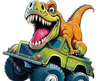 May include: A green monster truck with a large, toothy dinosaur riding in the back. The dinosaur has orange and green scales and is roaring with its mouth open.