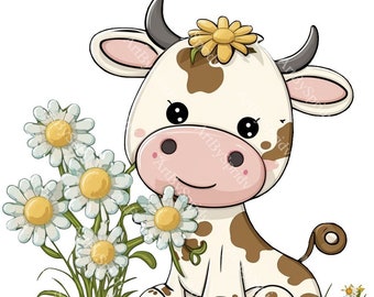 Cute Floral Cow PNG, Transparent Farm Flower Animal Clipart, Kids Cartoon Design,Printable Sublimation,Commercial,Baby Shower PNG Clip Art