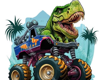 May include: A cartoon monster truck with a green dinosaur on top. The truck is blue, pink, and yellow with large tires. The dinosaur has a wide open mouth with sharp teeth.