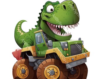 May include: A green cartoon dinosaur driving a green and yellow monster truck with large tires. The dinosaur has a toothy grin and is looking to the right.