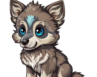 May include: A cartoon illustration of a gray and brown wolf pup with blue eyes. The pup is sitting with its legs crossed and its tail curled behind it.