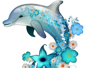 Cartoon Dolphin With Flower PNG Floral Transparent Clipart Kids Design,Printable Sublimation,Digital Download,Baby Shower,Scrapbook Art