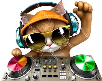 Cute DJ Cat With Glasses PNG Clipart, Transparent Animal Clip art, Kids Cartoon Design,Printable Sublimation,Commercial Use,Baby Shower Art