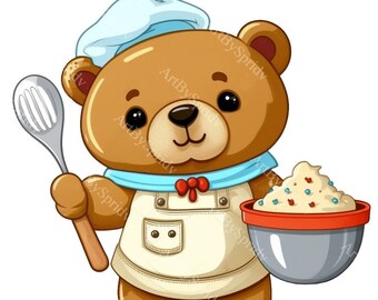 Chef Bear Clipart - Cute Baking Bear Illustration,Transparent Kitchen Bear PNG,Cook Teddy Digital Download,Culinary Animal DIY Craft Graphic