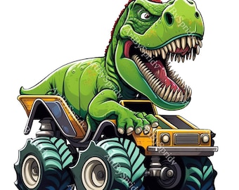 May include: A green cartoon dinosaur with a toothy grin driving a yellow monster truck with large blue tires.
