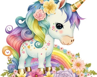 魔法の花のユニコーン PNG、透明な動物のクリップアート、子供向けの