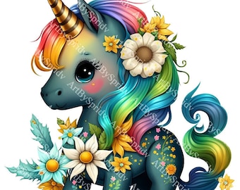 Schattige Eenhoorn Bloemen PNG, Transparante Dieren Clipart, Kinderen Cartoon, Printbare Sublimatie, Commercieel, Baby Shower Magische Kunst