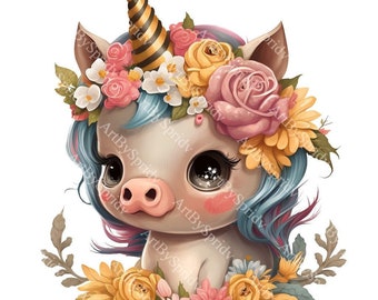 Encantador unicornio bebé clipart con corona floral / PNG transparente para sublimación, pegatinas, invitaciones, álbumes de recortes, proyectos de manualidades de bricolaje
