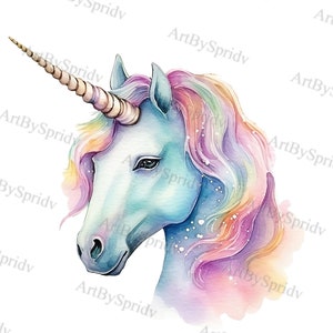 Magical Watercolor Unicorn PNG Clipart, Rainbow Digital Pastel Unicorn Clip Art for Kids Decor, Invitations, Nursery, DIY Printable Craft
