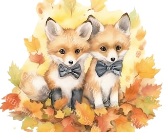 Woodland Baby Foxes in Fall Leaves, Autumn Forest Fox Clipart PNG, Cute Fox Illustration for Scrapbooking, Invitations, Sublimation Art, DIY