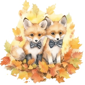 Woodland Baby Foxes in Fall Leaves, Autumn Forest Fox Clipart PNG, Cute Fox Illustration for Scrapbooking, Invitations, Sublimation Art, DIY