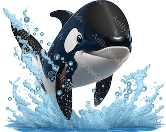 Baby Orca PNG Clipart, Transparent Whale Splash, Ocean Animal Theme, Kids Decor, Digital Scrapbooking, Nursery Art, DIY Crafts, T-Shirt, Mug