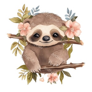 Clipart de perezoso bebé, perezoso colgando de un árbol con detalles florales, lindo clip art digital transparente para manualidades de bricolaje y sublimación de camisetas y tazas