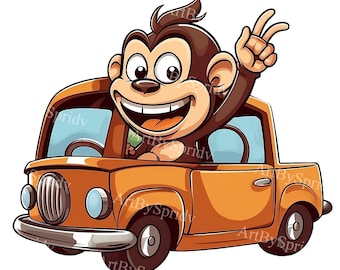 オレンジ色の車を運転する愛らしい猿の PNG クリップアート、子供向け