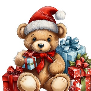 Clipart di orsacchiotto di Natale PNG, carina arte natalizia con cappello di Babbo Natale e scatole regalo per maglietta, tazza, DTG, artigianato fai da te, biglietti, arredamento per la casa