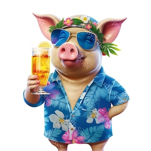 Porco Tropical PNG Clipart, Camisa Havaiana Ilustração Animal, Festa Na Praia Porco De Verão Segurando Coquetel, Camiseta, Sublimação De Caneca, Artesanato DIY