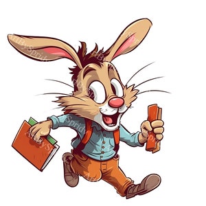 Bunny PNG Clipart, Back to School Rabbit with Books, Cute Running Bunny Clip Art, Transparent for Kids DIY Crafts, Classroom Decor