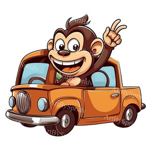 May include: A cartoon illustration of a smiling monkey driving an orange car. The monkey, with brown fur, is giving a peace sign with its hand. The car has a classic design with round headlights and a light blue windshield.