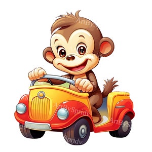 May include: A cartoon monkey driving a red, yellow, and blue toy car. The car has a yellow steering wheel and a black bumper.