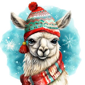 Feestelijke kerstlama PNG-clipart met kerstmuts en sjaal, leuke vakantie-illustratie, winterdier illustraties voor kerstkaarten, ambacht, doe-het-zelf