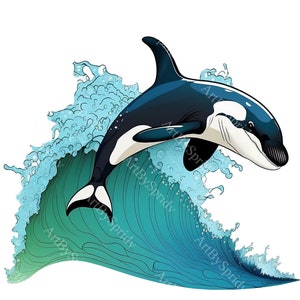 Orca Splash Water Wave PNG Clipart,Transparent Animal Floral Print Kids Clip Art,Cute Cartoon Design,DIY Printable Sublimation T-Shirt,Mug