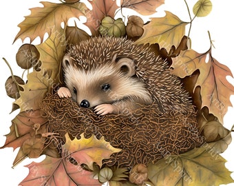 Adorable Baby Hedgehog in Autumn Leaves PNG Clipart, Cozy Transparent Clip Art for Fall DIY Craft Projects,Digital Clip Art,Seasonal Designs