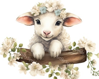 Baby Lamb with Flower Crown PNG Clipart, Sweet Springtime Animal Clip Art for Nursery Decor, Greeting Cards, Nature Designs, DTG T-Shirt,Mug