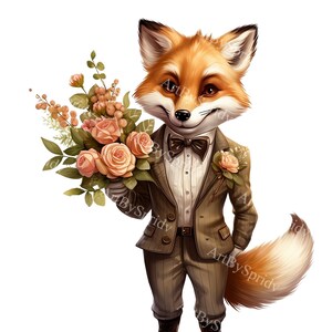 Puede incluir: Un zorro de dibujos animados con un traje marrón con pajarita y sosteniendo un ramo de rosas rosas.
