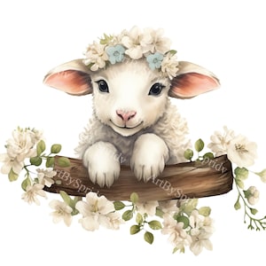 Baby lam met bloemkroon PNG-clipart, zoete lente dieren illustraties voor de inrichting van de kinderkamer, wenskaarten, natuurontwerpen, DTG T-shirt, mok