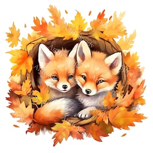 Adorable Fox Clipart PNG, Cute Baby Foxes Nestled in Autumn Leaves,Woodland Animal Digital Download, Fall Decor, Fox Illustration for Crafts