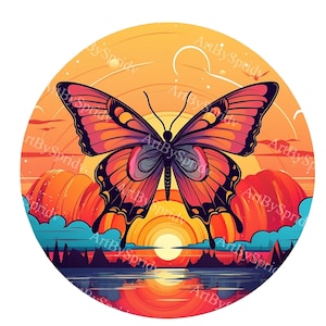Mariposa vibrante al atardecer PNG Clipart, Mariposa con puesta de sol inspirada en la naturaleza Clip Art digital para decoración de pared, camiseta DTG, taza, manualidades DIY