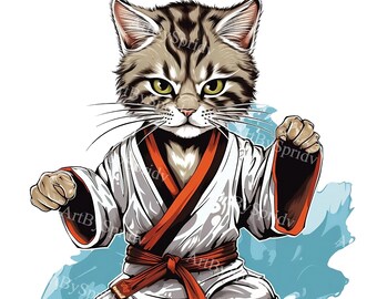 Karate Cat Clipart: Transparent Martial Arts Feline PNG, Digital Download for Sublimation & DIY Crafts Project, Commercial Use, Cute Cat Art