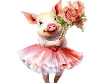 Adorable Piglet Ballerina Clipart with Floral Bouquet - Perfect for Sublimation & Printable DIY Crafts | Digital Download PNG Scrapbooking
