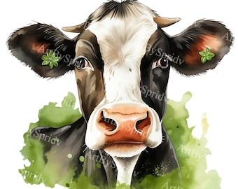 Süße Kuh Aquarell Clipart - Transparentes PNG mit ausdrucksstarken Augen für Bauernhaus Dekor, Scrapbooking, digitale Clip Art, Einladung, DTG