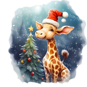 Weihnachten Giraffe mit Weihnachtsmütze Transparente PNG Clipart, Cartoon-Design für Kinder / Erwachsene, druckbare Sublimation, kommerzielle, magische Tier Clip Art