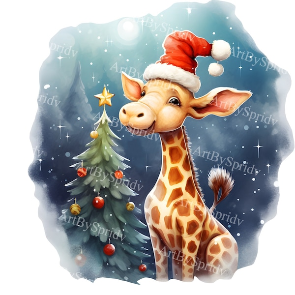 Christmas Giraffe With Santa Hat Transparent PNG Clipart,Kids/Adult Cartoon Design, Printable Sublimation,Commercial,Magical Animal Clip Art