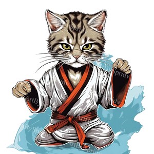 Karate Cat PNG Clipart-Fierce Martial Clip Arts Cat in Gi, Cartoon Animal Warrior Transparent for Stickers, T-Shirts, Mug&DIY Craft Project