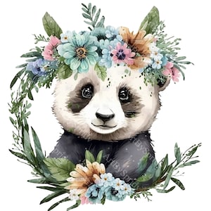 Cute Floral Panda Bear With Flower Wreath Clipart,Transparent Animal Lover Print Kids Clip Art Design, DIY Printable Sublimation T-Shirt,Mug