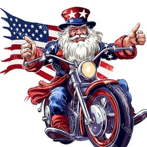 Clipart PNG di motocicletta patriottica Zio Sam, design per maglietta a sublimazione stampabile con bandiera americana, clip art del giorno dell'indipendenza del 4 luglio