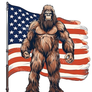Patriotic Bigfoot/Sasquatch USA Flag Transparent PNG Clipart, Kids/Adults Cartoon Design, Printable Sublimation,Commercial,Magical Clip Art