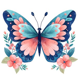 Mariposa y flores PNG Clipart, Clip Art digital inspirado en la naturaleza en azul suave y rosa para DTG Camiseta, taza, calcomanías, decoración de pared, manualidades DIY