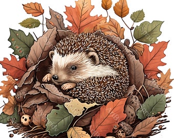 Bébé hérisson blotti dans des feuilles d'automne PNG Clipart, Illustration d'animaux des bois automne pour le scrapbooking, projets d'artisanat, faire-parts bricolage