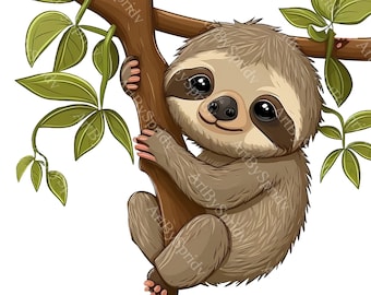 Baby Sloth Hanging On Tree Branch PNG Clipart,Transparent Forest Animal Lover Print Kids Clip Art Design,DIY Printable Sublimation T-Shirt
