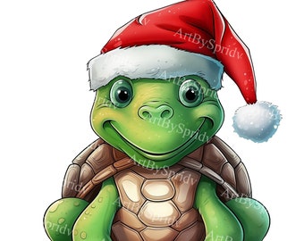 Clipart kerstschildpad | Schattige schildpad met kerstmuts, png PNGEgg | Digitale kunst met dieren | Feestelijke cartoon schildpadillustratie | Transparant