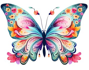 Clipart de mariposa floral, mariposa de acuarela con flores PNG, ilustración de naturaleza primaveral para sublimación de camisetas, pegatinas, manualidades de bricolaje