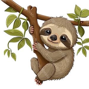 Baby Sloth Hanging On Tree Branch PNG Clipart,Transparent Forest Animal Lover Print Kids Clip Art Design,DIY Printable Sublimation T-Shirt